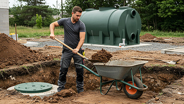 Das Loch für die Zisterne wird verfüllt