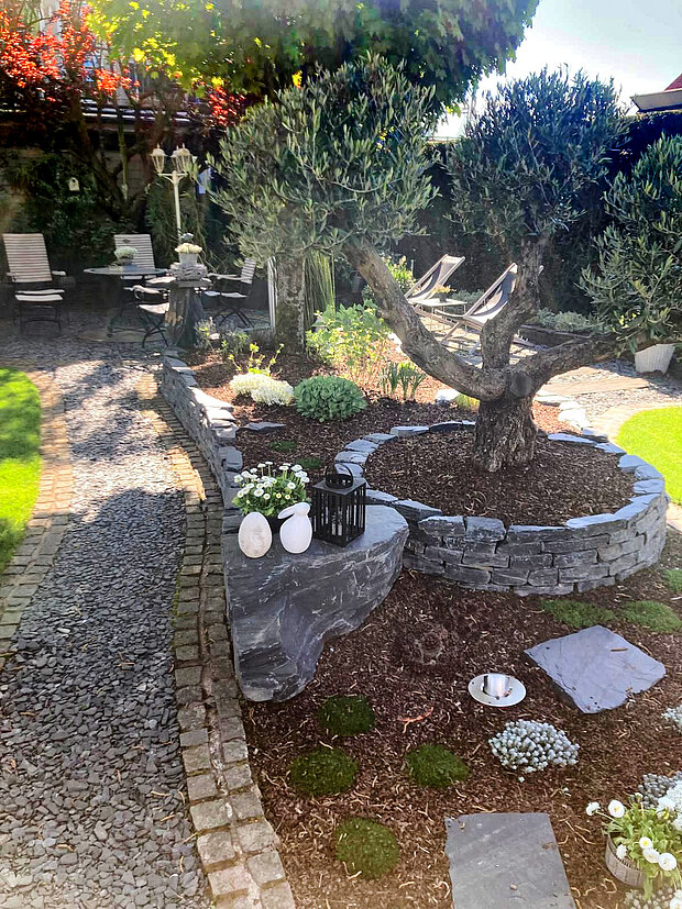 Garten mit Olivenbaum und Natursteinmauer